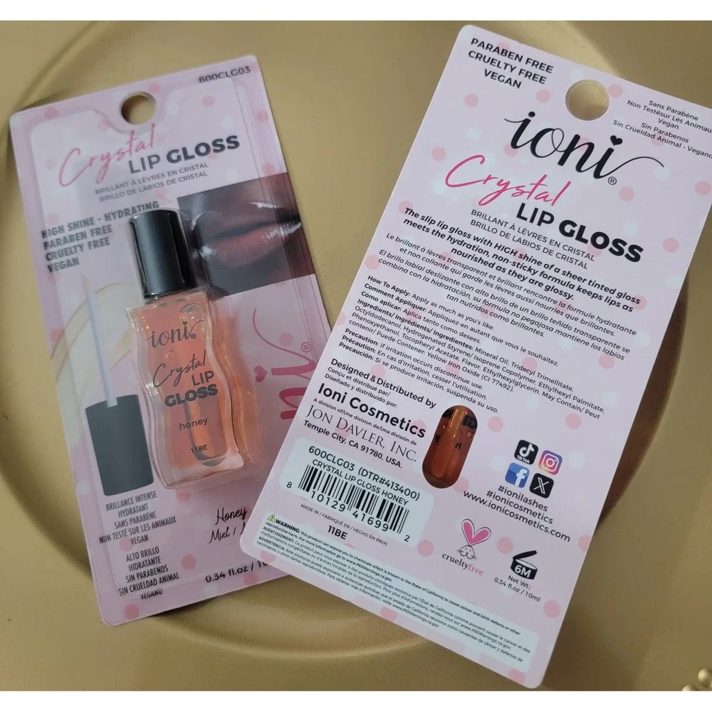 Ioni Crystal Lip Gloss Honey High Shine Hydrating Vegan 2 Pack 600CLG03 0.34oz